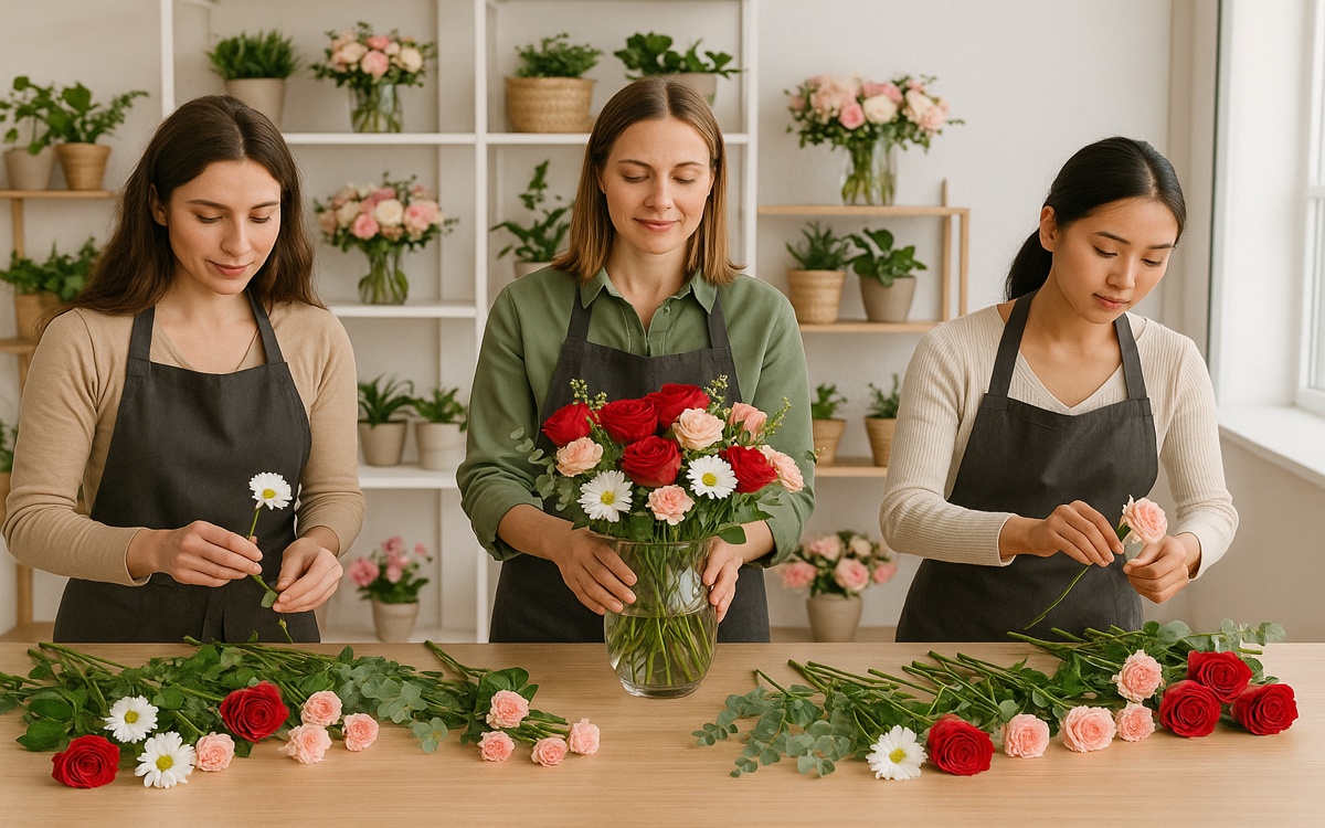 Floristas de FioriNet preparando arreglos florales en taller de CDMX